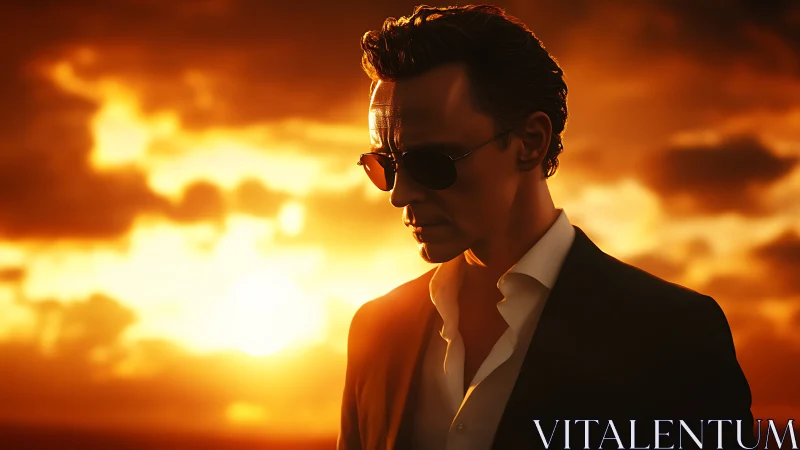 Sunset noir agent brooding beneath molten skies.