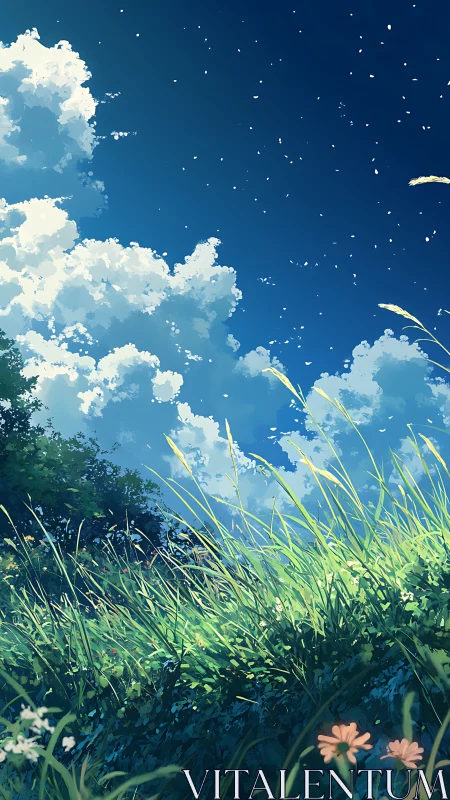 Sunlit summer meadow tilts beneath deep cerulean sky