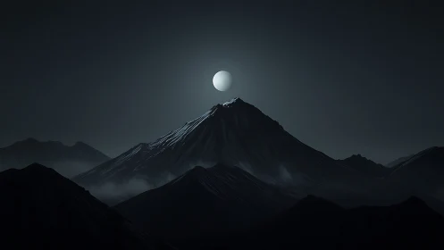 Lunar halo over monochrome mountain ridge at night.