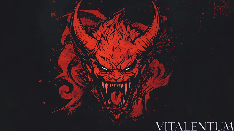 Red horned demonic head illustration on dark backdrop.