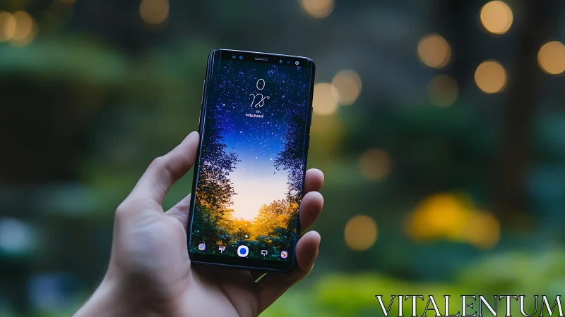 Hand-held smartphone displays luminous twilight landscape with bokeh background