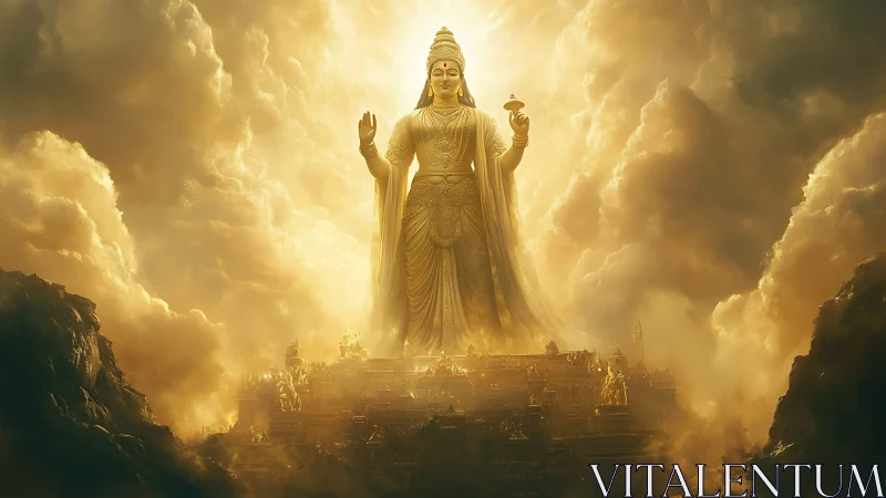 Golden celestial deity rising above a cloud crowned citadel.