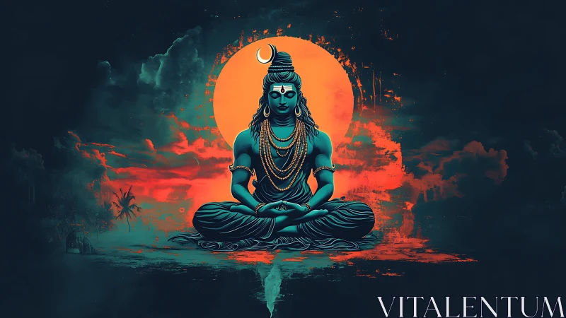 Serene blue Shiva meditates before a fiery cosmic sunrise