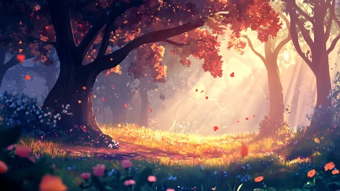 Forest clearing rendered with luminous foliage and atmospheric perspective techniques.