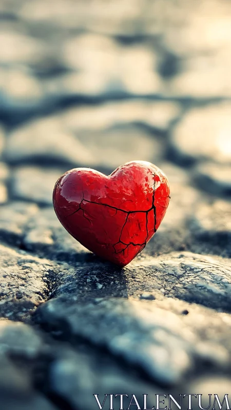Cracked red heart form on weathered stone surface.