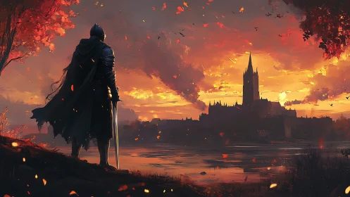 Lone duskbound knight watching ember skies over citadel.