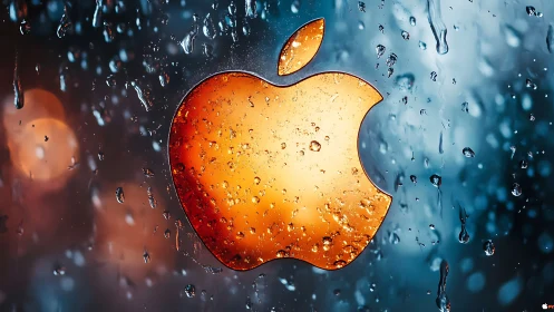 Golden apple-shaped logo behind wet glass surface.
