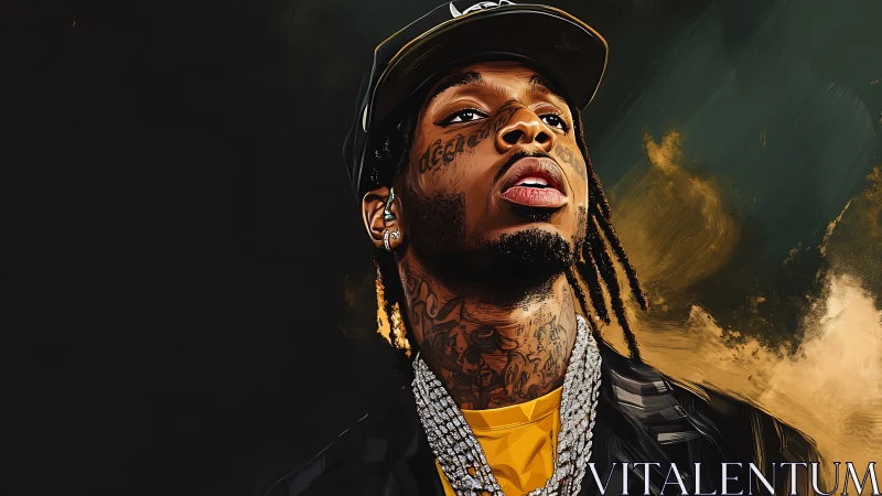 Tattooed hip-hop portrait with dynamic painted lighting.