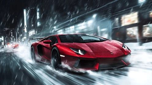 Red supercar slicing through a stormy neon city night.