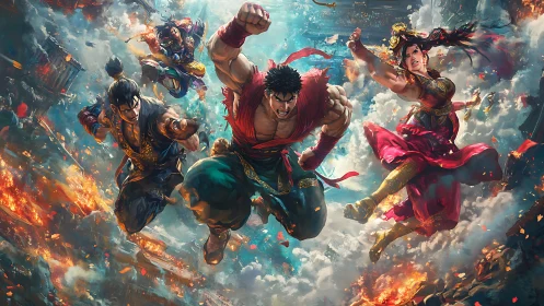 Skybound martial heroes leaping into a blazing destiny.