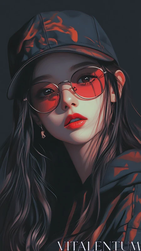 Digital portrait of streetwear girl in red-tinted glasses.