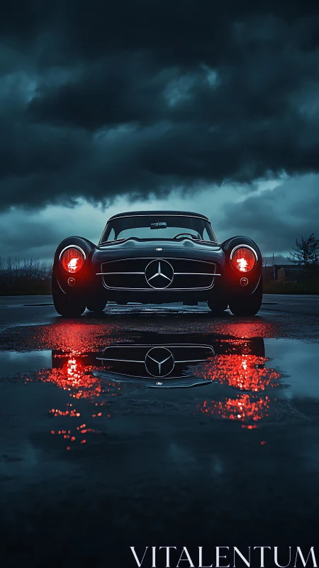 Classic Mercedes coupe under storm clouds with red reflections.
