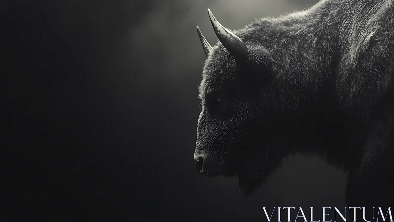 Side profile shows solitary buffalo rendered against darkness