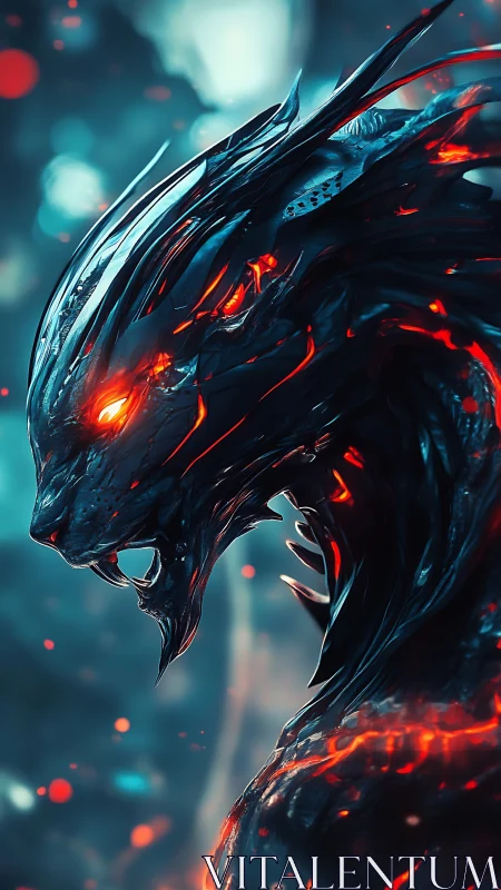 Fiery cyber dragon gazing through glowing embers at dusk.