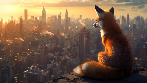 Urban sunrise crowns a lone fox surveying the steel forest