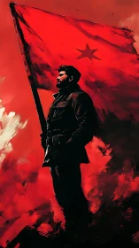 Revolutionary figure holding large red star flag in wind.