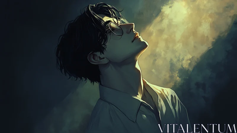 Male figure in glasses under strong directional light beam.