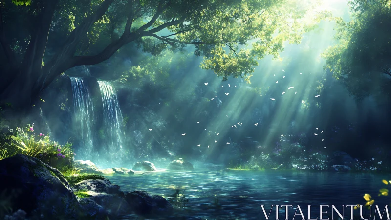 Sunlit woodland waterfall offering a peaceful hidden escape.