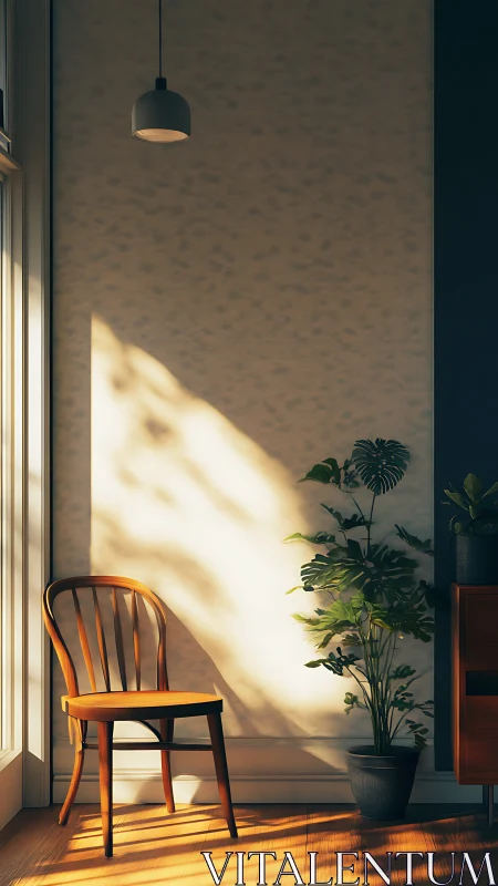 Morning side light models wooden chair and indoor foliage geometry