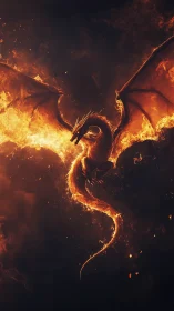 Infernal dragon soars through blazing volcanic night sky.