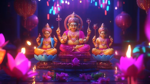 Luminous Hindu deities on lotus thrones in neon temple glow.