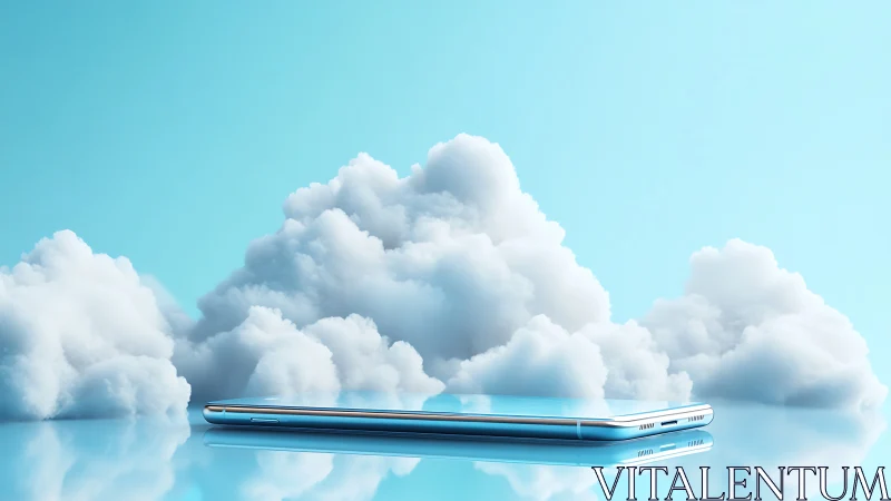 Sleek smartphone reflecting blue sky amid soft cloud banks.