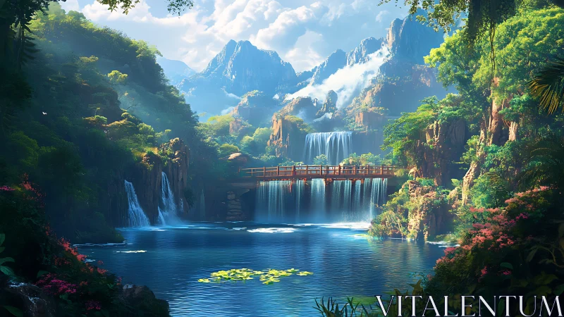 Sunlit wooden bridge spans waterfalls in a tranquil valley.