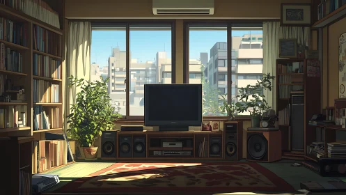 Sunlit city-view living room cradling retro media sanctuary.