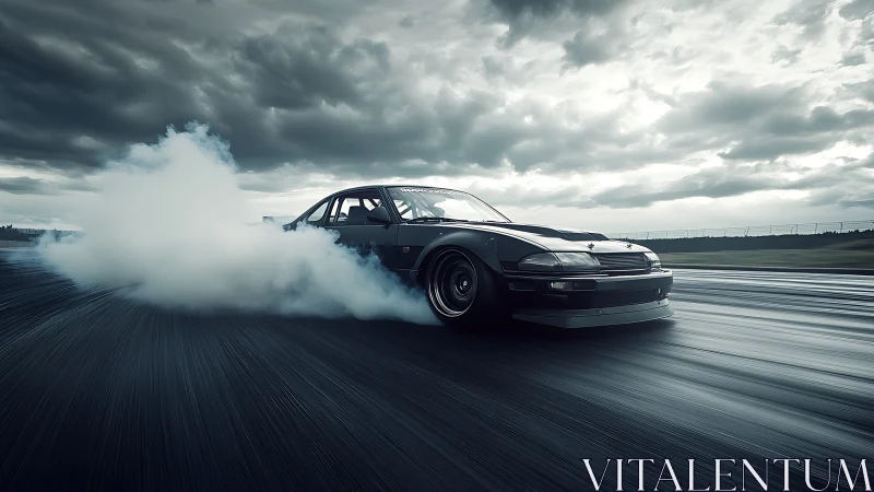 Black drift car sliding on wet track under stormy clouds.
