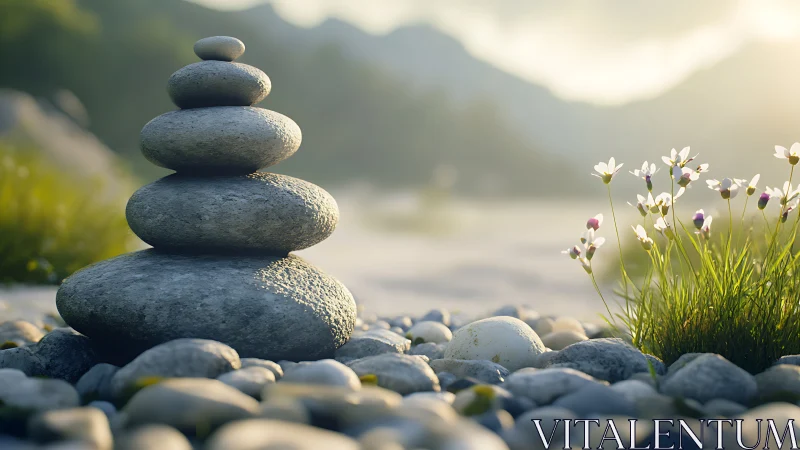 Zen stone cairn in soft dawn light rendered photorealistically