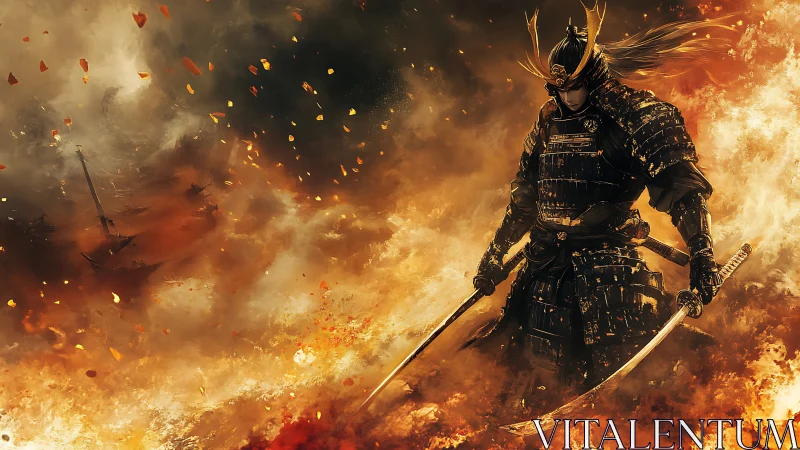 Samurai warrior in burning battlefield storm of fire.