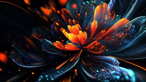 Abstract neon flower with glowing orange and blue petals.