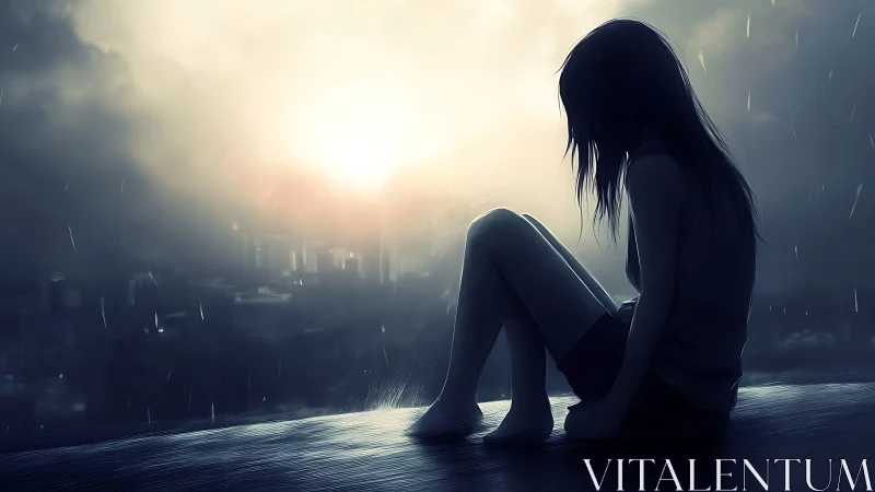 Rain-soaked rooftop dreamer watches a fading city sunrise