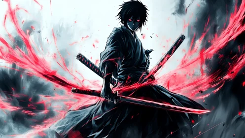 Dark anime swordsman unleashes blazing red energy storm