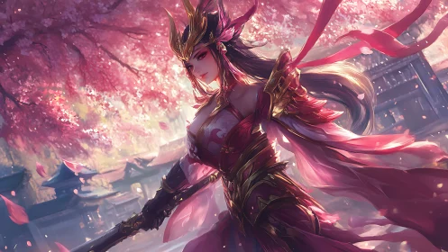 Warrior empress in crimson armor beneath sakura canopy.