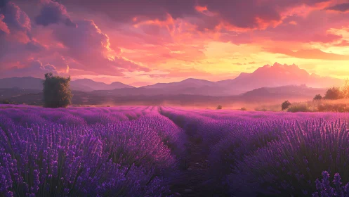 Lavender fields glow under a soft and dreamy sunset sky.