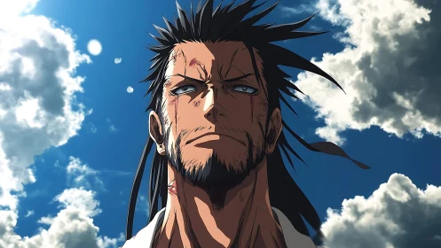 Weathered anime swordsman under backlit cumulus sky