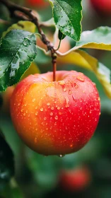 Ripe red apple hangs after rain in lush green orchard light