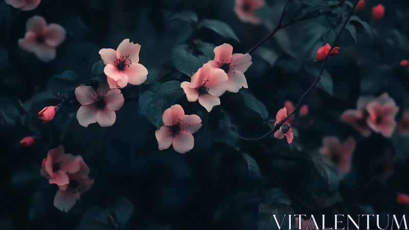 Moody Bloom: Delicate Pink Blossoms Dance Through Deep Teal Shadows.