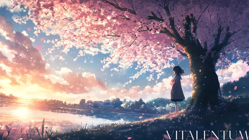 Girl under cherry tree by river at sunset in spring.