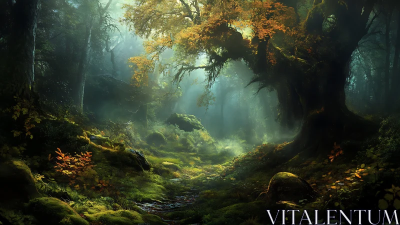 Mystical Forest Glow Where Light Dances Through Ancient Trees.