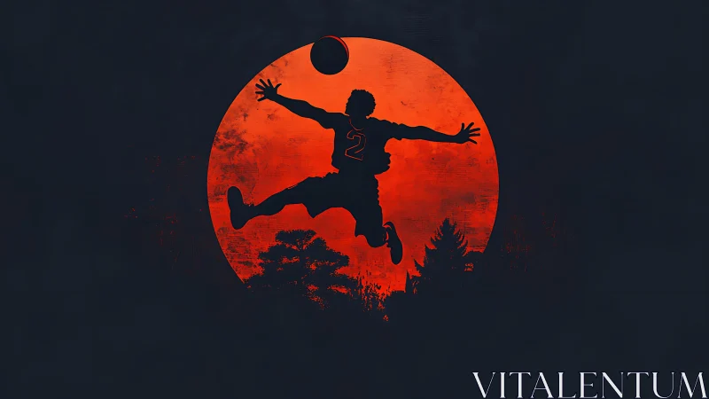 Silhouette basketball dunker against red moon sky.