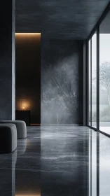 Minimalist lobby uses high-gloss stone and soft indirect lighting