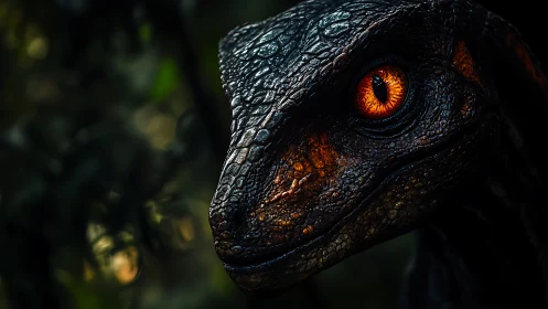 Velociraptor gaze ignites the jungle gloom with molten focus