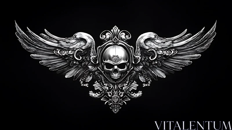 Winged silver skull emblem spreads bold gothic elegance