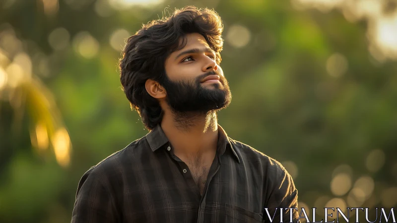 Bearded young man in golden hour outdoor portrait, shallow depth