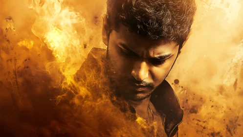 Male portrait in dense orange flames and smoke field.