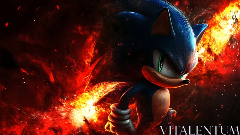 Dynamic blue hedgehog rendered against explosive inferno backdrop