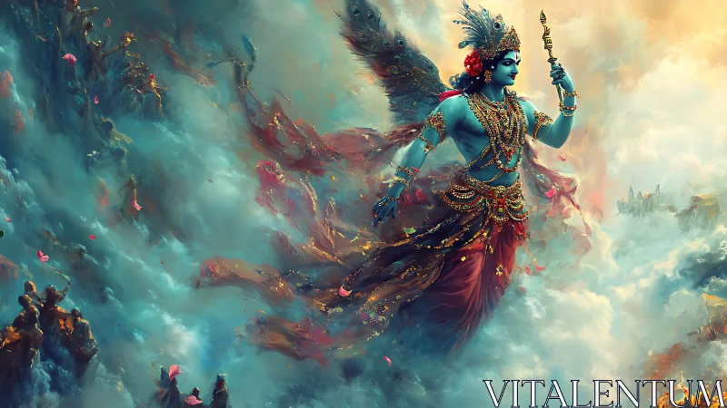 Celestial blue deity soars through luminous storm clouds