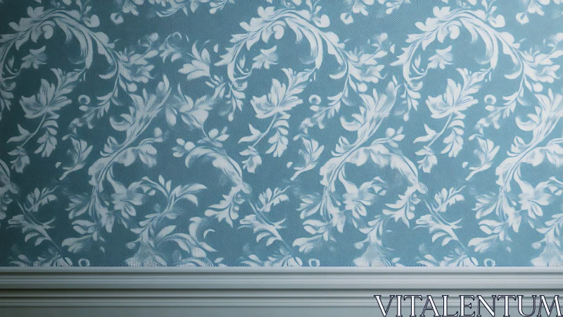 Blue floral patterned wallpaper with white baseboard trim.